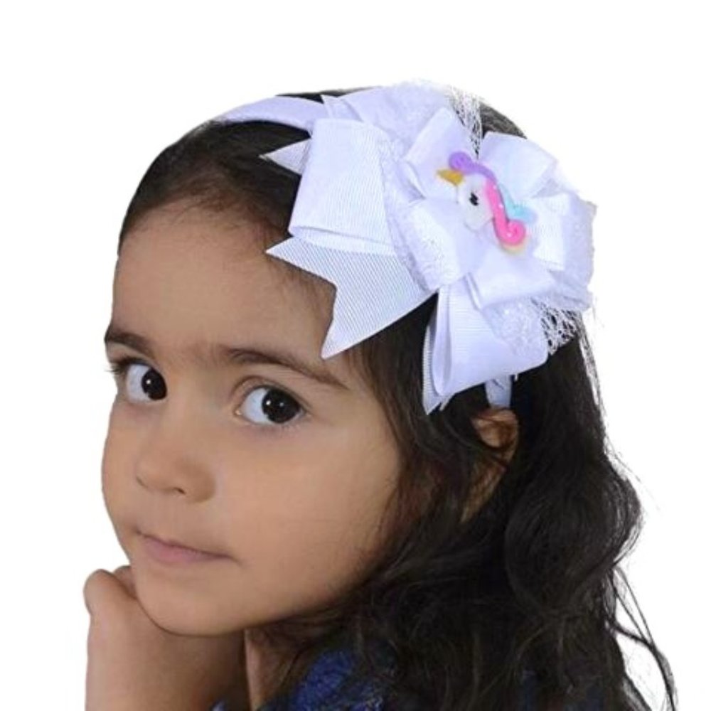 Girl's Headband Flower Design White with Unicorn Charm